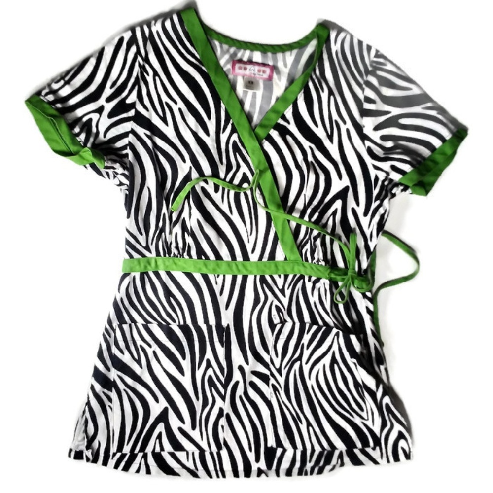 Koi Scrubs Zebra Stripe Green Piping Drawstring XS